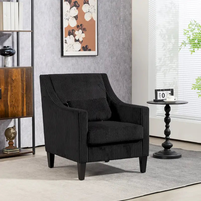 Black Corduroy Accent Armchair, Single Seat, Rubber Wood Legs