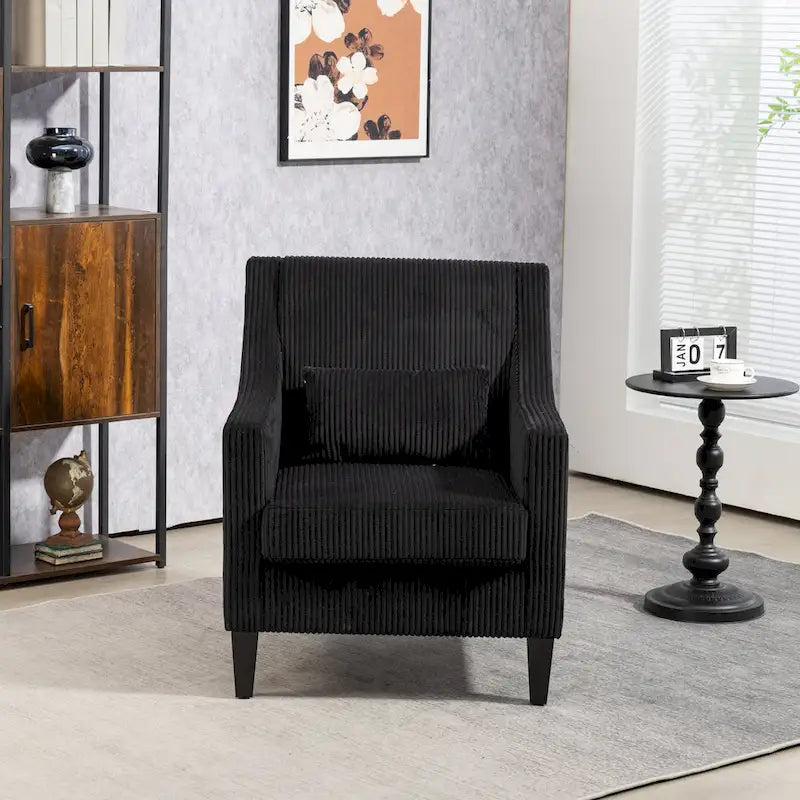 Black Corduroy Accent Armchair, Single Seat, Rubber Wood Legs