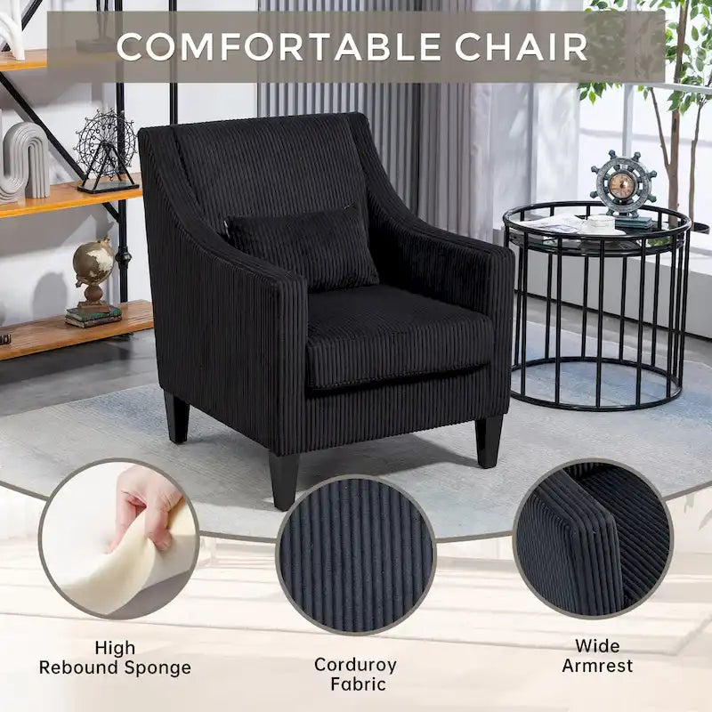Black Corduroy Accent Armchair, Single Seat, Rubber Wood Legs