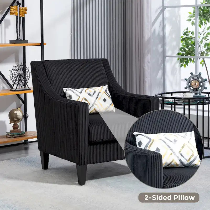 Black Corduroy Accent Armchair, Single Seat, Rubber Wood Legs