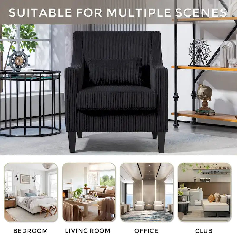 Black Corduroy Accent Armchair, Single Seat, Rubber Wood Legs
