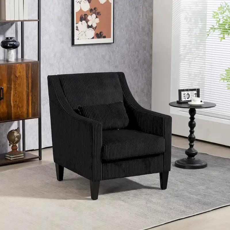 Black Corduroy Accent Armchair, Single Seat, Rubber Wood Legs