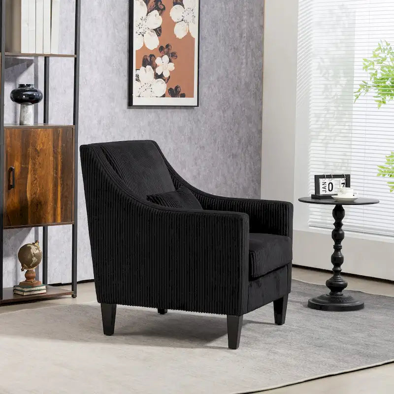 Black Corduroy Accent Armchair, Single Seat, Rubber Wood Legs