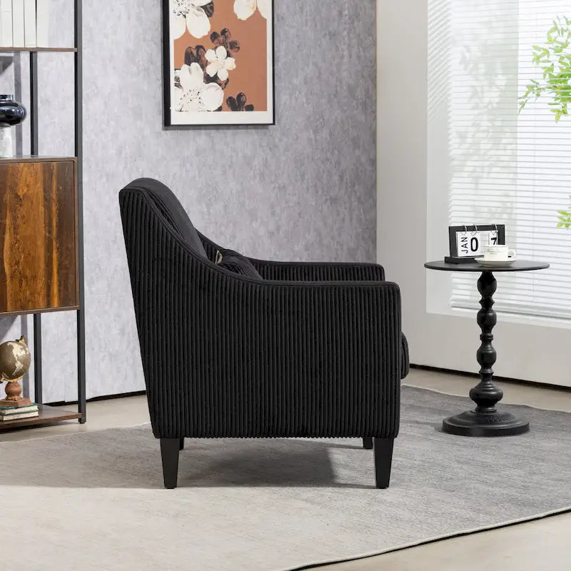 Black Corduroy Accent Armchair, Single Seat, Rubber Wood Legs