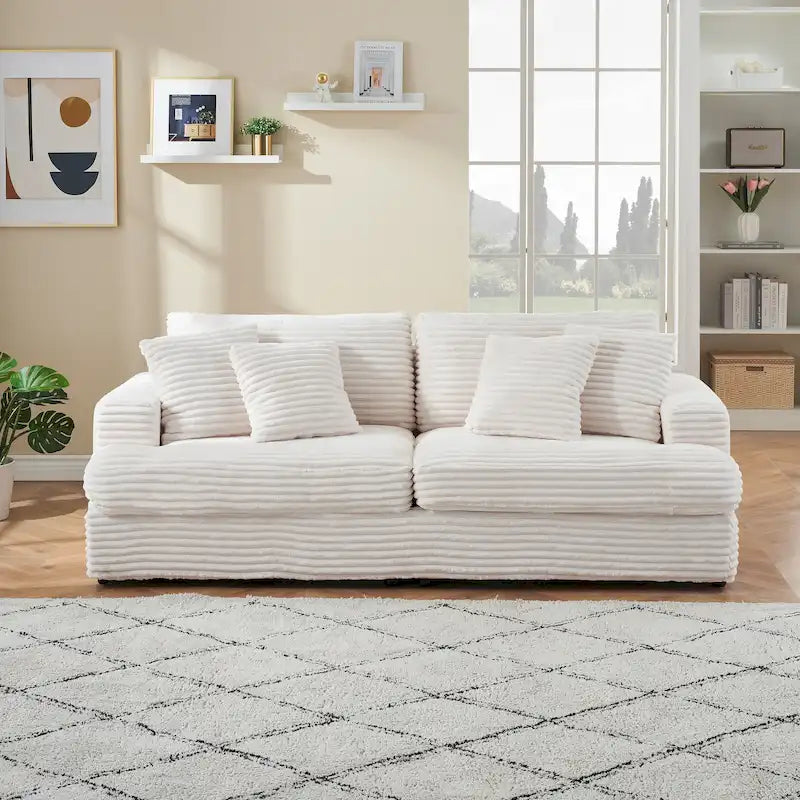 White Corduroy 3-Seater Sofa with 4 Toss Pillows