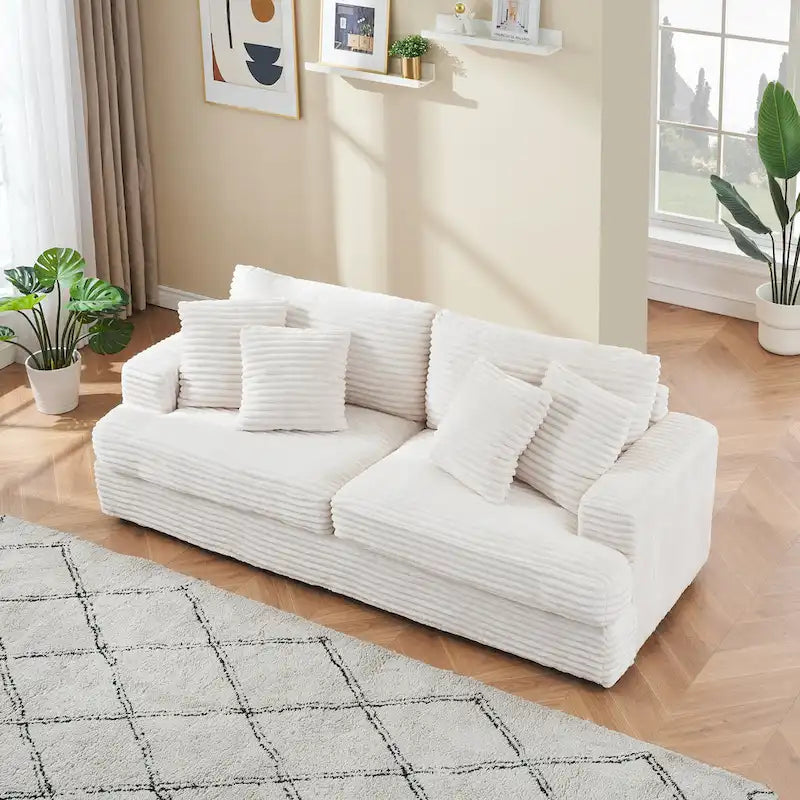 White Corduroy 3-Seater Sofa with 4 Toss Pillows