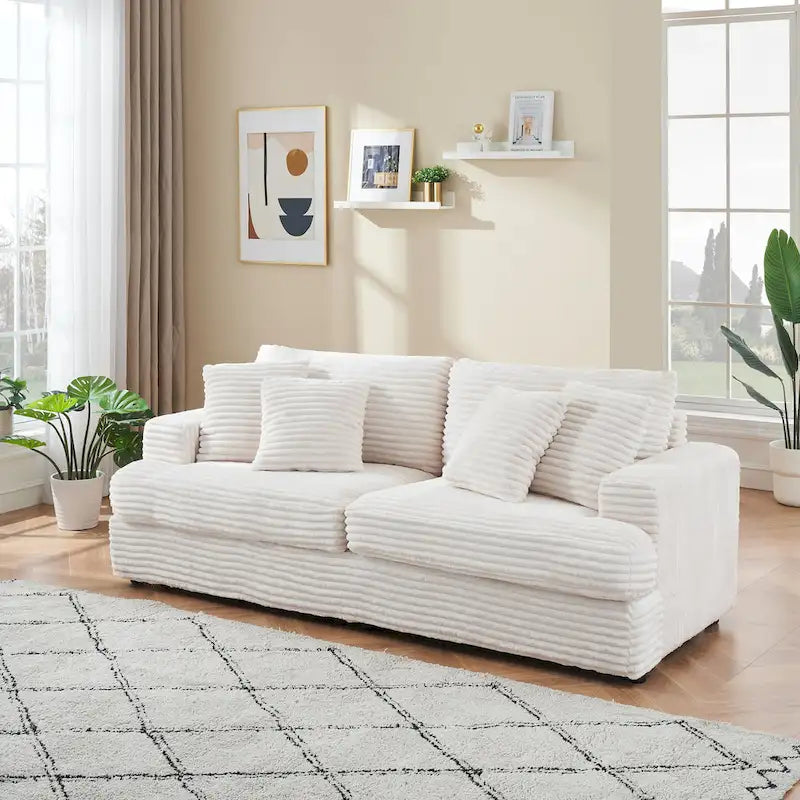 White Corduroy 3-Seater Sofa with 4 Toss Pillows