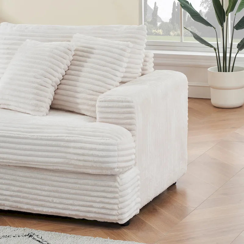 White Corduroy 3-Seater Sofa with 4 Toss Pillows