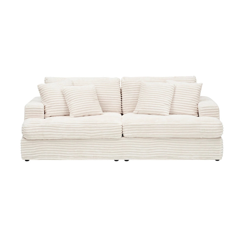 White Corduroy 3-Seater Sofa with 4 Toss Pillows