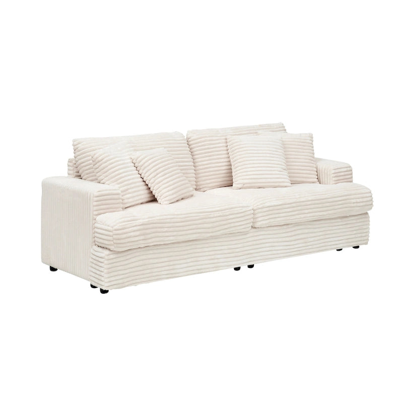 White Corduroy 3-Seater Sofa with 4 Toss Pillows