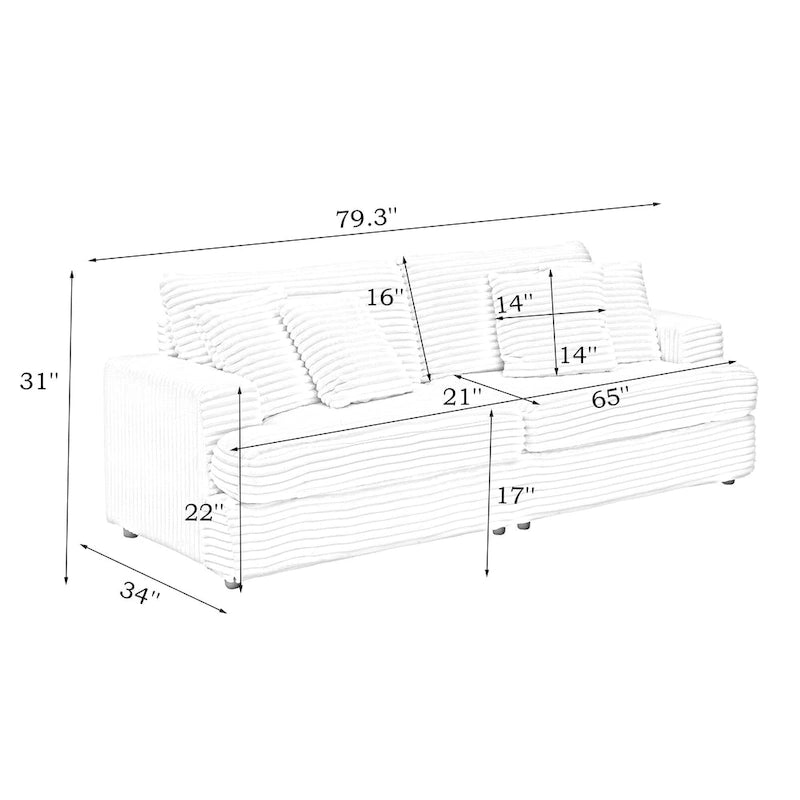 White Corduroy 3-Seater Sofa with 4 Toss Pillows
