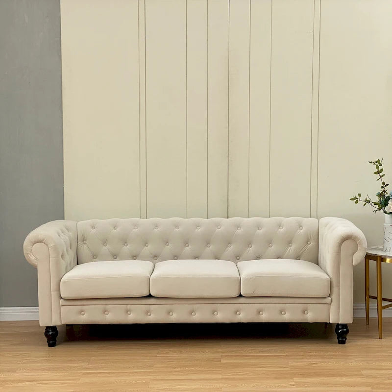 Beige Velvet Chesterfield Sofa, Tufted, 3-Seater
