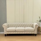 Beige Velvet Chesterfield Sofa, Tufted, 3-Seater