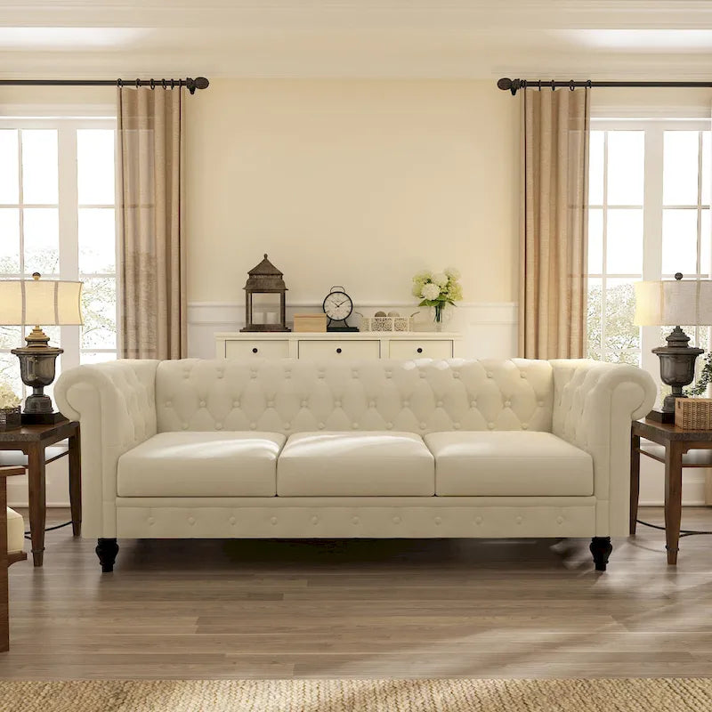 Beige Velvet Chesterfield Sofa, Tufted, 3-Seater
