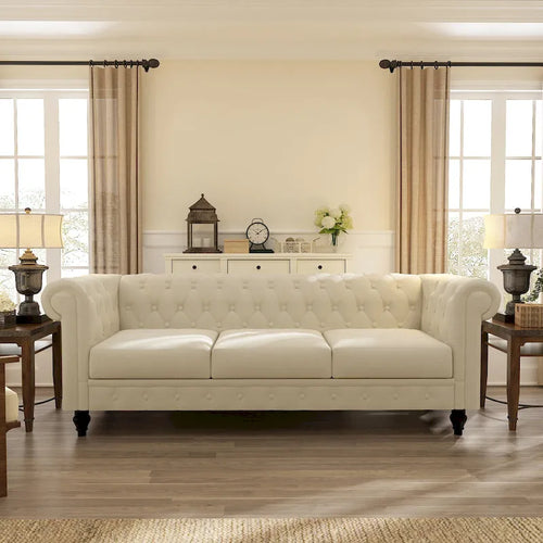 Beige Velvet Chesterfield Sofa, Tufted, 3-Seater