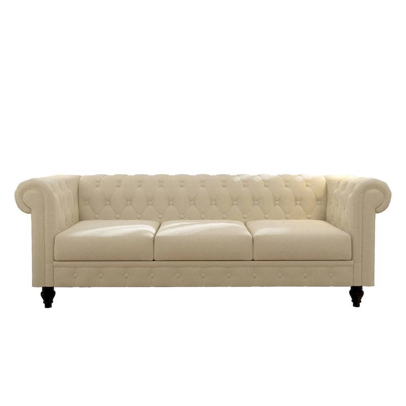 Beige Velvet Chesterfield Sofa, Tufted, 3-Seater