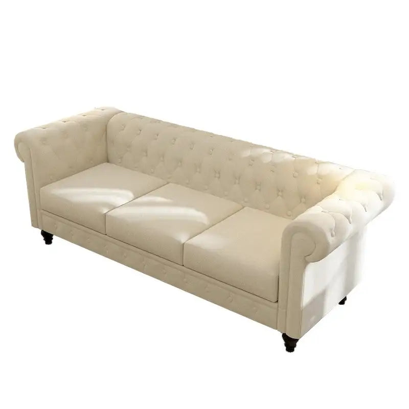 Beige Velvet Chesterfield Sofa, Tufted, 3-Seater