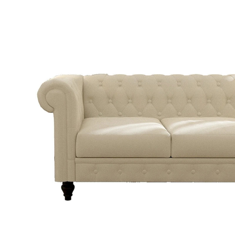 Beige Velvet Chesterfield Sofa, Tufted, 3-Seater