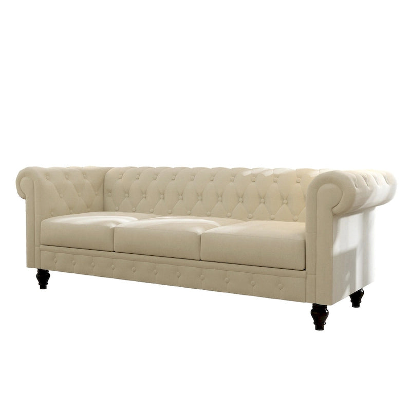 Beige Velvet Chesterfield Sofa, Tufted, 3-Seater