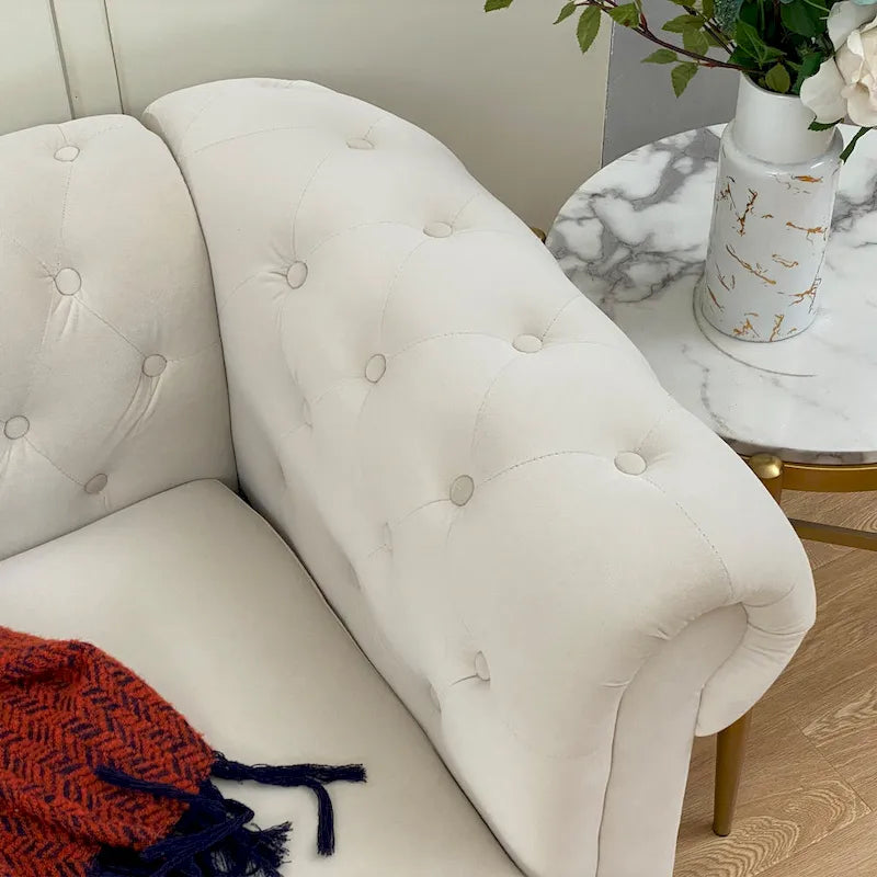 Beige Velvet Chesterfield Sofa, Tufted, 3-Seater