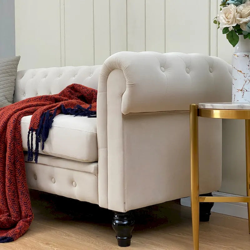 Beige Velvet Chesterfield Sofa, Tufted, 3-Seater
