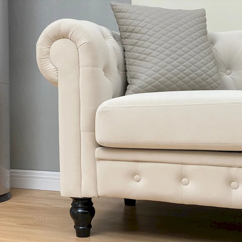 Beige Velvet Chesterfield Sofa, Tufted, 3-Seater