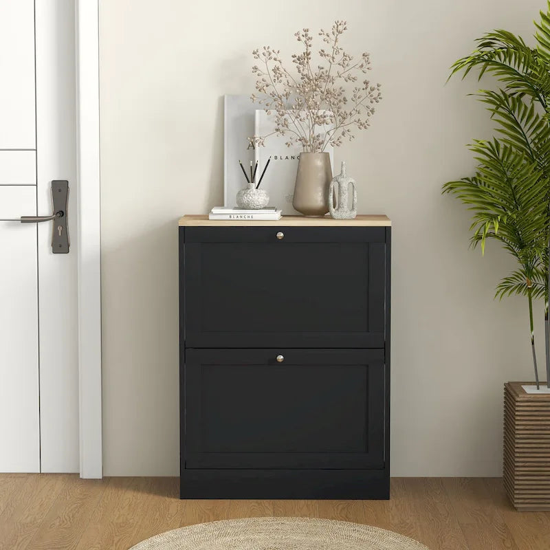 Slim Shoe Cabinet for Entryway, Hidden Shoe Storage Cabinet with 2 Flip Drawers and Adjustable Shelves for 12 Pairs of Shoes