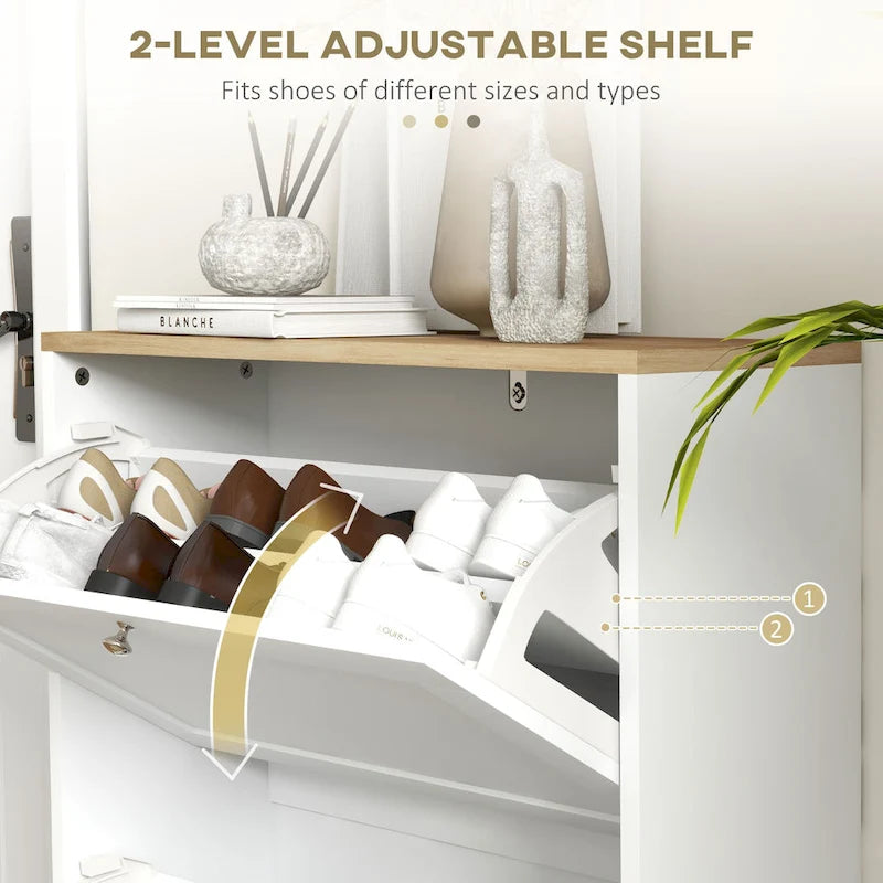 Slim Shoe Cabinet for Entryway, Hidden Shoe Storage Cabinet with 2 Flip Drawers and Adjustable Shelves for 12 Pairs of Shoes