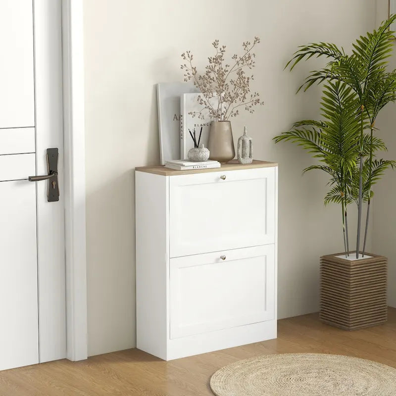 Slim Shoe Cabinet for Entryway, Hidden Shoe Storage Cabinet with 2 Flip Drawers and Adjustable Shelves for 12 Pairs of Shoes