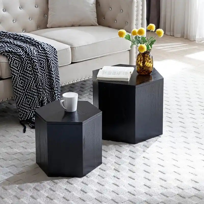 White / Black Nesting Side Table Set of 2, MDF Veneer, No Assembly