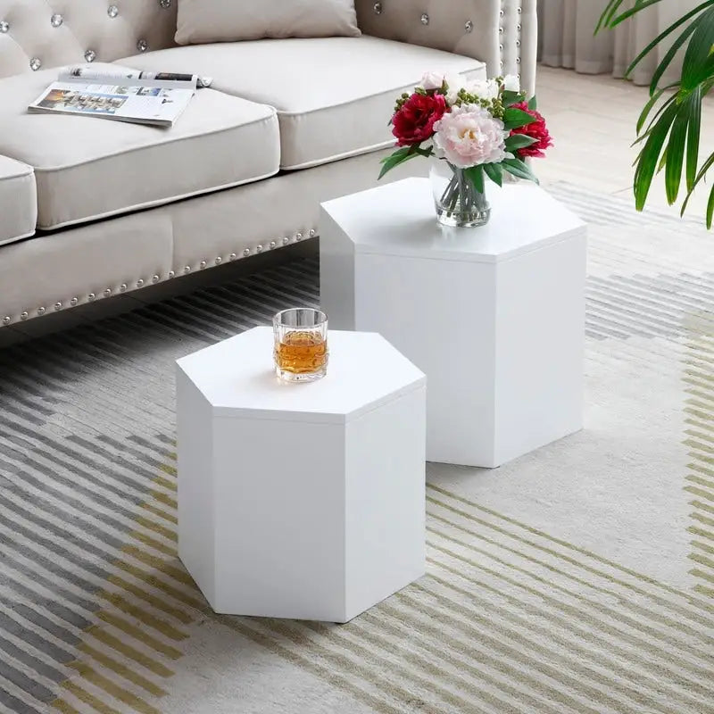 White / Black Nesting Side Table Set of 2, MDF Veneer, No Assembly