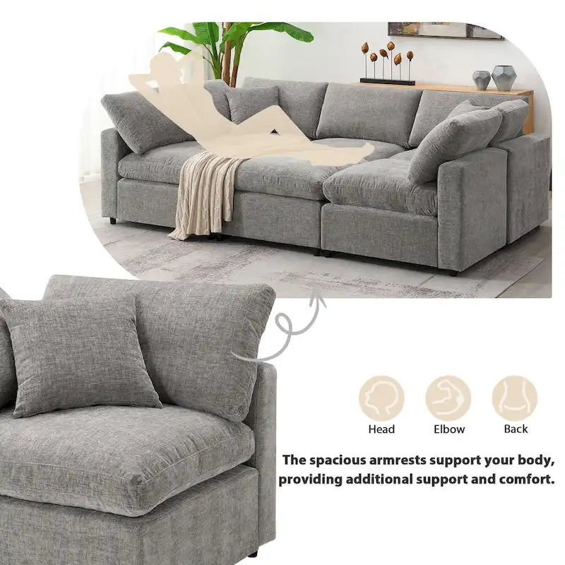 6 Seat Modern Modular Cloud Sofa Bed Chenille Sectional Couch Set with Ottoman