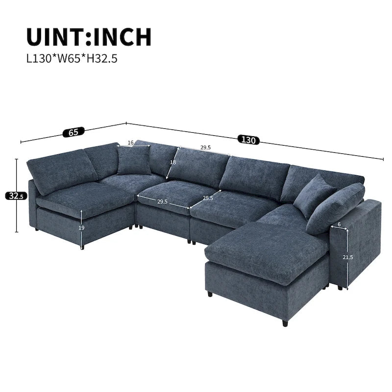 6 Seat Modern Modular Cloud Sofa Bed Chenille Sectional Couch Set with Ottoman