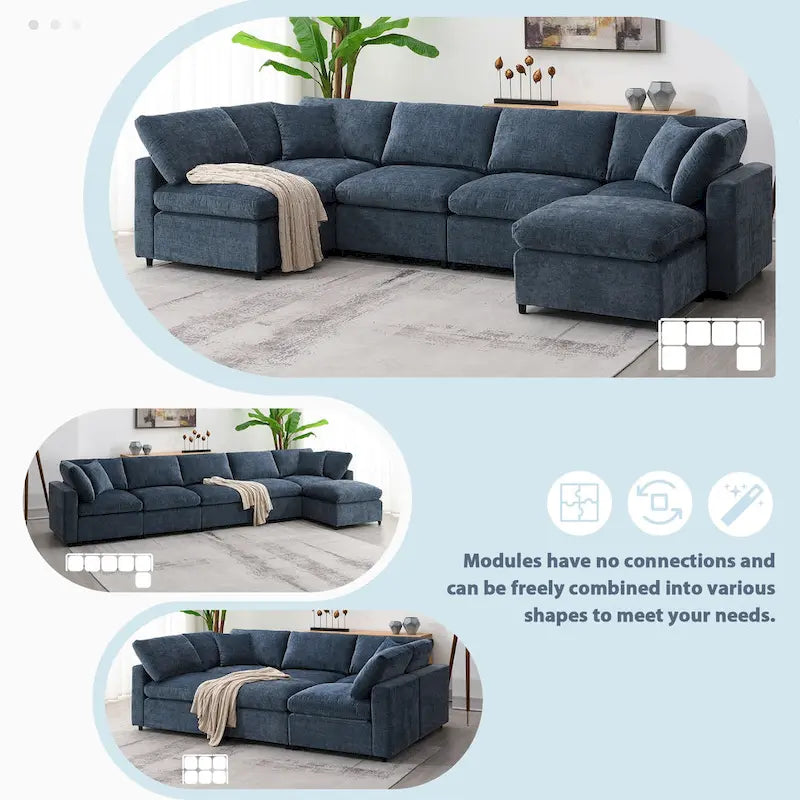 6 Seat Modern Modular Cloud Sofa Bed Chenille Sectional Couch Set with Ottoman