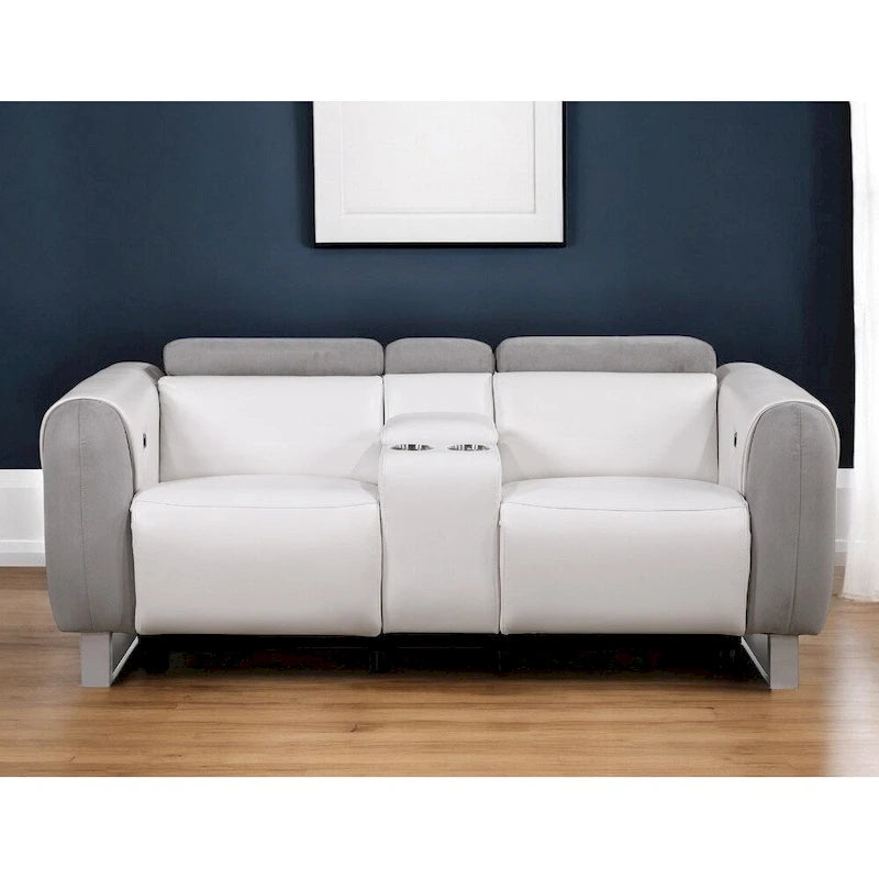 White & Gray Power Reclining Loveseat, Faux Leather & Microfiber, 2-Seat