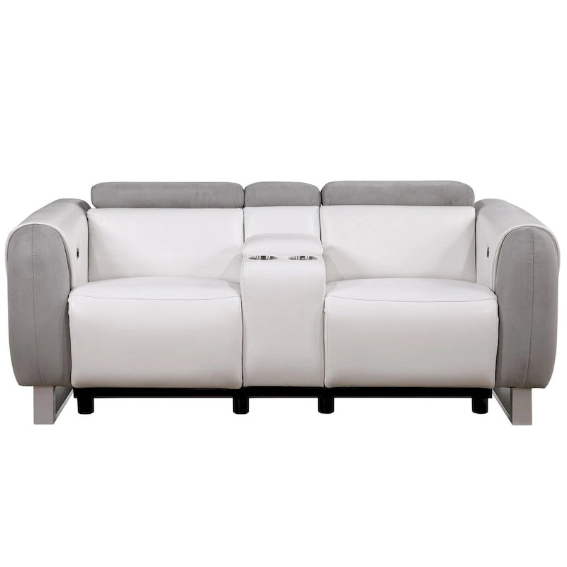 White & Gray Power Reclining Loveseat, Faux Leather & Microfiber, 2-Seat