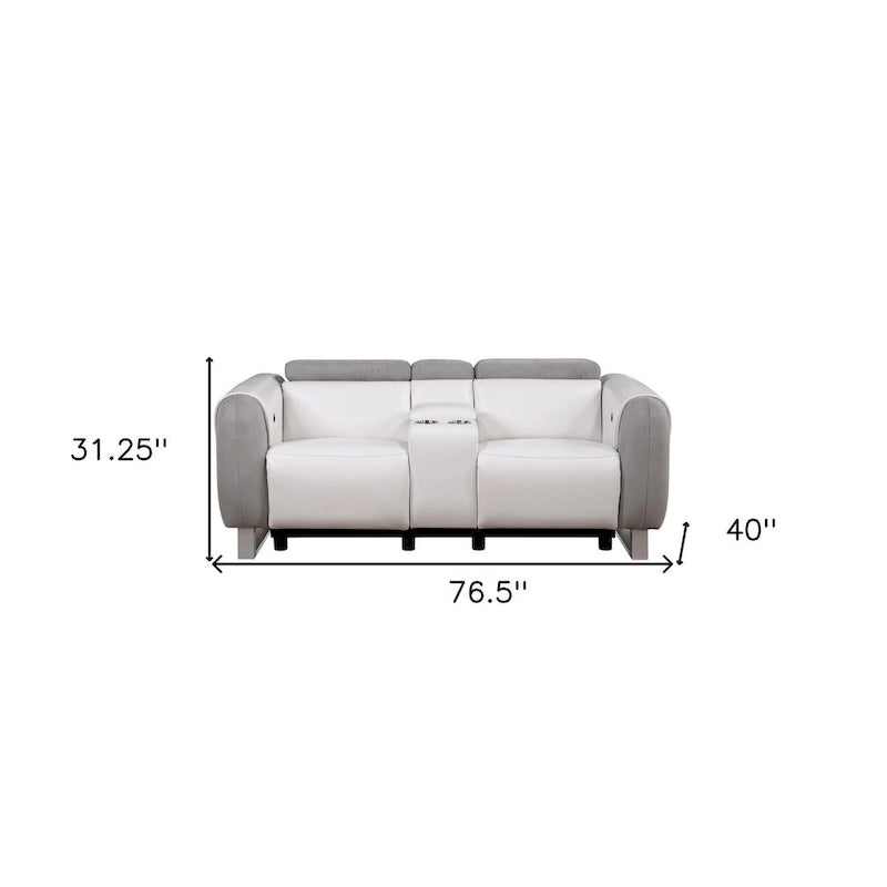 White & Gray Power Reclining Loveseat, Faux Leather & Microfiber, 2-Seat