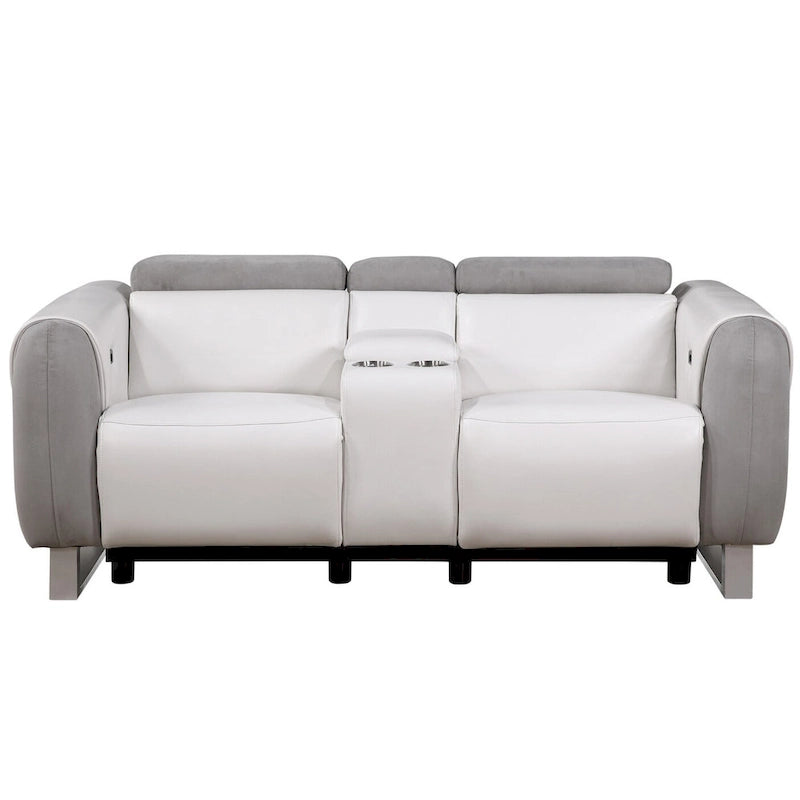 White & Gray Power Reclining Loveseat, Faux Leather & Microfiber, 2-Seat