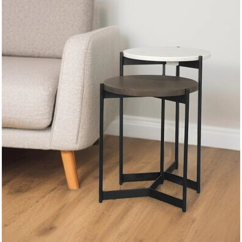 White & Brown Round Nested Side Tables, Marble & Wood Top, Set of 2
