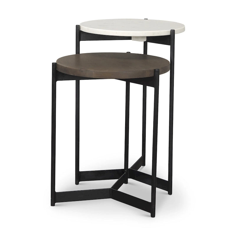 White & Brown Round Nested Side Tables, Marble & Wood Top, Set of 2