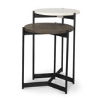White & Brown Round Nested Side Tables, Marble & Wood Top, Set of 2