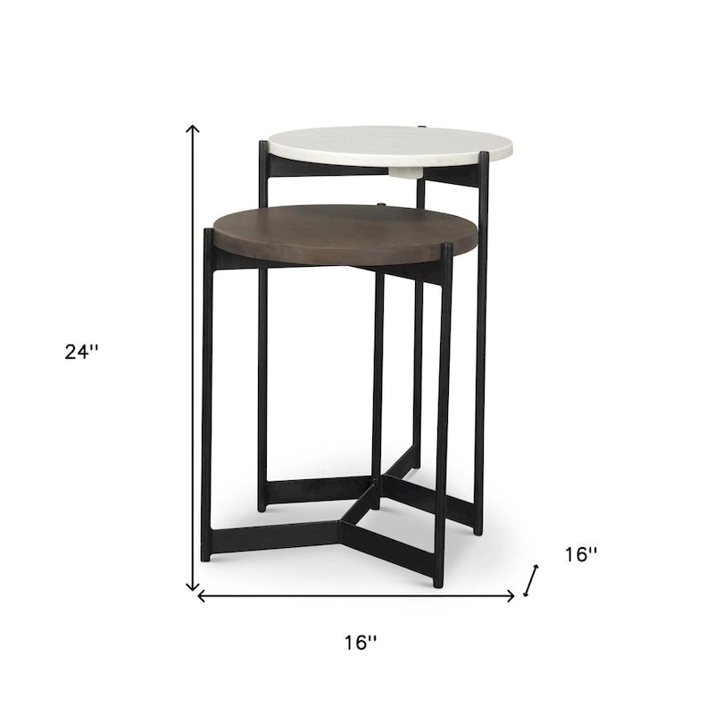 White & Brown Round Nested Side Tables, Marble & Wood Top, Set of 2