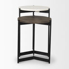 White & Brown Round Nested Side Tables, Marble & Wood Top, Set of 2