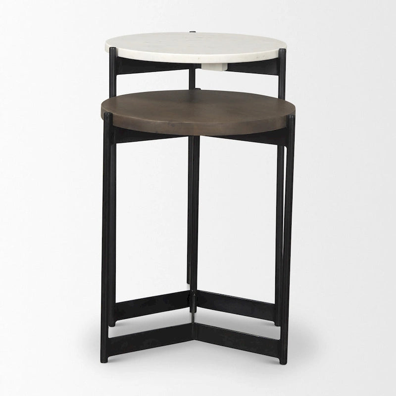 White & Brown Round Nested Side Tables, Marble & Wood Top, Set of 2