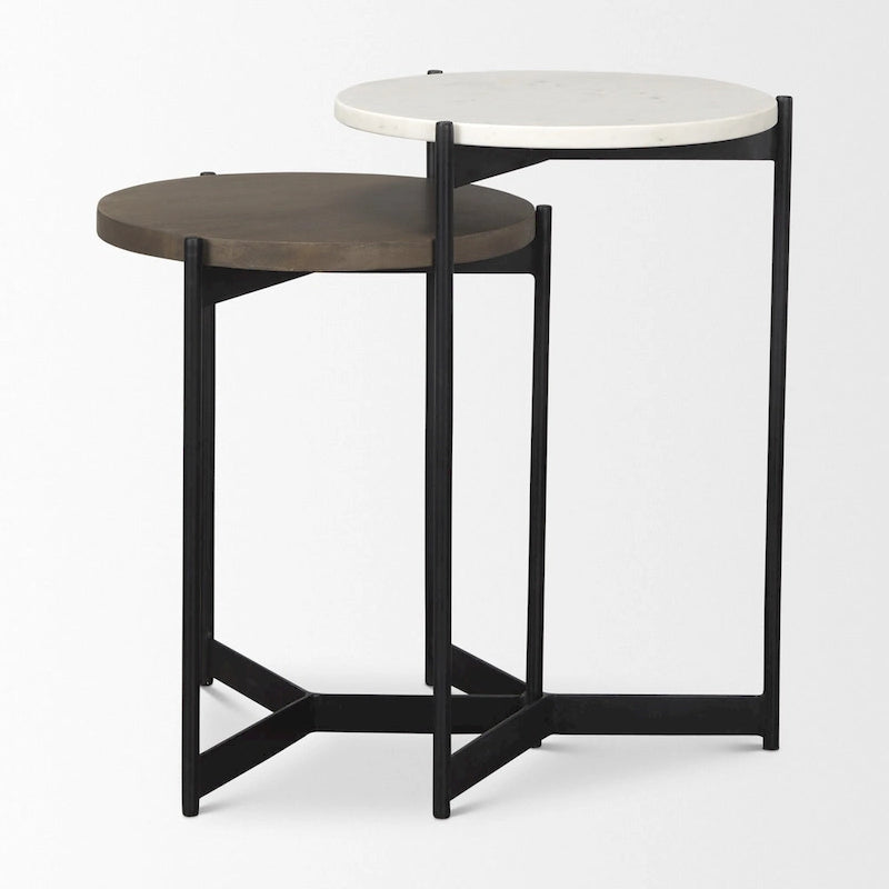 White & Brown Round Nested Side Tables, Marble & Wood Top, Set of 2