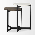 White & Brown Round Nested Side Tables, Marble & Wood Top, Set of 2