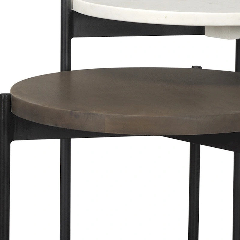 White & Brown Round Nested Side Tables, Marble & Wood Top, Set of 2