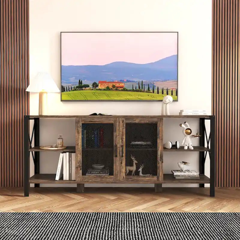 Espresso TV Stand with Open Shelves and Mesh Cabinet, Fits up to 85" TVs
