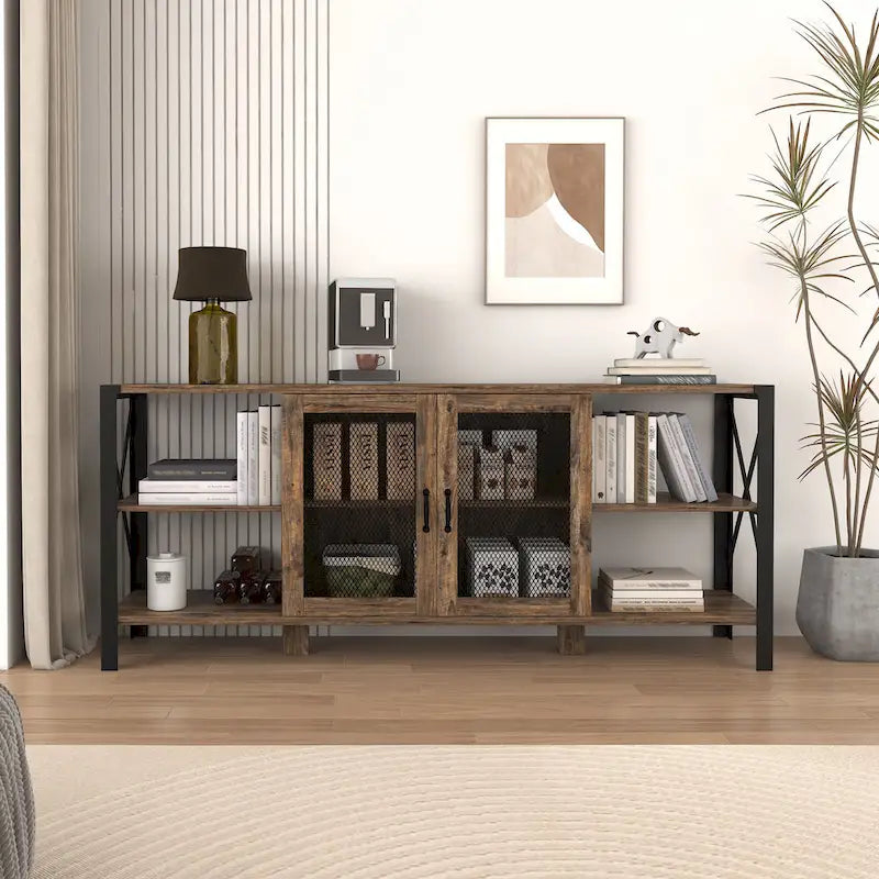 Espresso TV Stand with Open Shelves and Mesh Cabinet, Fits up to 85" TVs