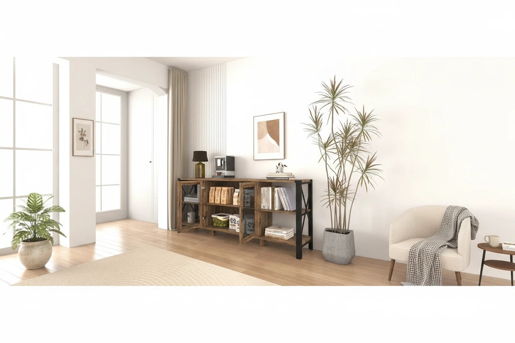 Espresso TV Stand with Open Shelves and Mesh Cabinet, Fits up to 85" TVs